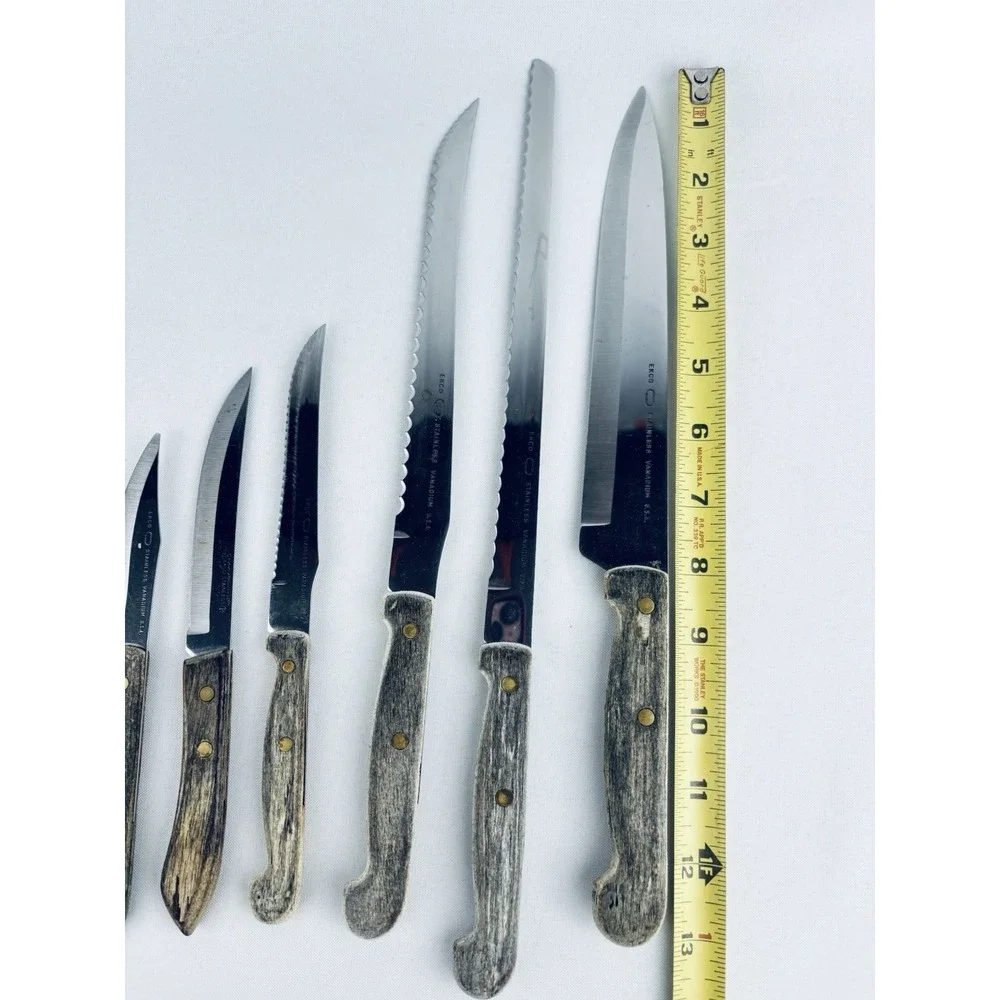 Vintage Ekco Lot Of 6 pc Stainless Vanadium Kitchen Knife‎ Wood Handle USA
